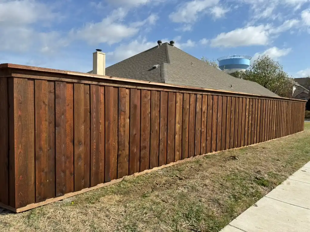 Stained board-on-board cedar fence with top cap